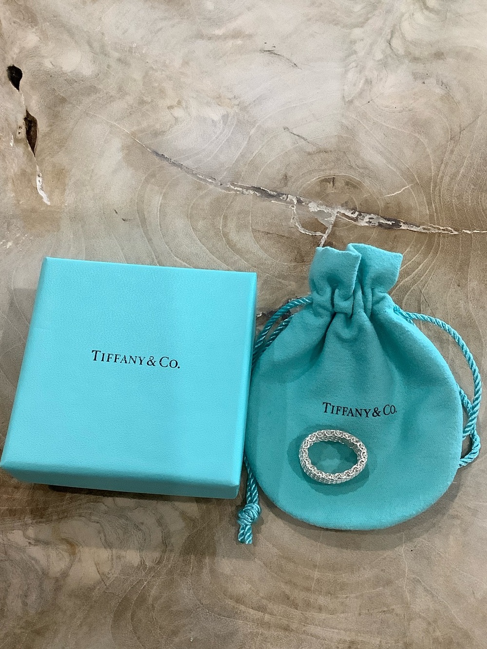 Tiffany & Co. Sterling Mesh Ring with Tiffany Blue Pouch and Box